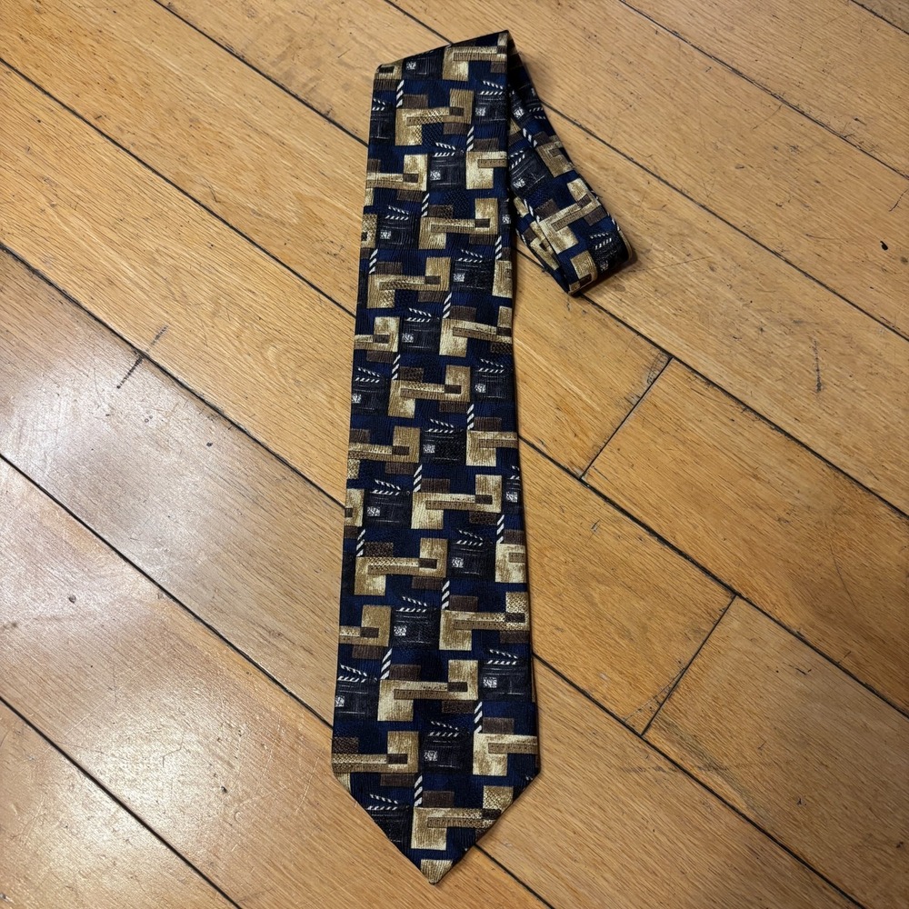 Ermenegildo Zegna 100% Silk Tie Clapperboard Navy Gold Geometric Italy Movie